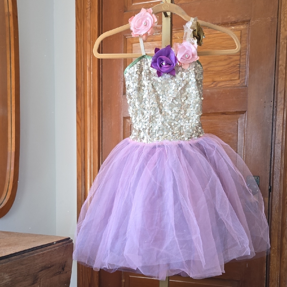 Gold Sequins And Pink Tulle With Flowers Dance Costume